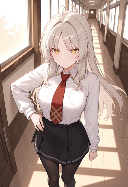 highres, best quality, masterpiece, hallway, window, 
1girl, solo, rlplsmr, long hair, grey hair, blonde hair, sidelocks, yellow eyes, ahoge,
school uniform, white shirt, collared shirt, red necktie, long sleeves, black skirt, black pantyhose,
looking at viewer, serious,
standing, hand on own hip, 
light particles, from above,
<lora:_louise_marie_pcr-elesico-ilxlA:1>