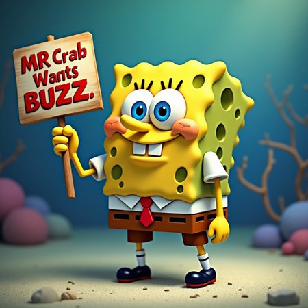 Sponge bob square pants, holding a sign it says "MR Crab Wants BUZZ", animated, professional, detailed,