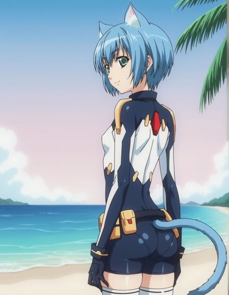 1girl, anime screencap, <lora:VexVexX_Melwin_PONYXL:1>, Melwin, short hair, blue hair, green eyes, animal ears, cat ears, cat tail, small breasts, deep skin, skindentation, seductive smile, detailed skin, glossy skin, bodysuit, thighhighs, belt, gloves, cowboy shot, from behind, standing, legs together, thighs together, looking back, looking at viewer, outside, beach, ocean, palm trees,