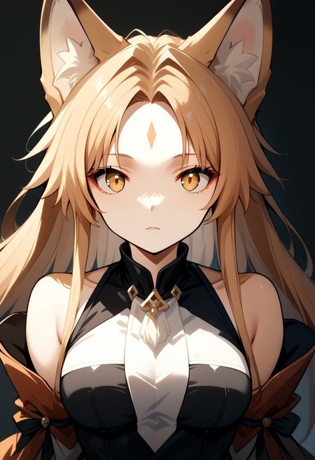 score_9, score_8_up, score_7_up, source_anime, beautiful detailed face, BREAK, 1girl, fox girl, with fox ears, with animal nose, with cheek fluff, body fur, face fur, two toned body fur, two toned face fur, fox, golden eyes, white forehead mark, 
Wuthering Waves nobody,
black background,
WUTHERING WAVES BACKGROUND,