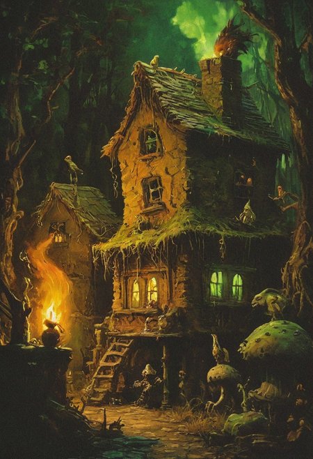Nestled in the heart of a whispering forest, an eerie house on chicken legs crouches, as if alive. Within this macabre dwelling, an ugly witch, her features dominated by a long pickle nose, busies herself with her peculiar collection. In her gnarled hands, she holds frogs that croak ominously and mushrooms that seem to pulse with an unnatural glow. The witch's abode, cluttered with arcane objects and the hum of potent spells, serves as a sanctuary for her dark arts, the chicken-legged house standing guard against unwelcome intruders., 
in the style of the decaying empire of Würstreich, dark magic and grotesque creatures abound, inspired by Sean Aaberg's punk aesthetic, dark fantasy world combines grim landscapes with vibrant, exaggerated neon colorful art, heroes skirmish monstrous foes in a setting where rebellion, decay, and mysticism intertwine, crafting a unique, immersive vibe
, the scene is captured in dimly lit dark fantasy but vibrant colors, with bold ink lines defining form against the watercolor wash of the aged paper