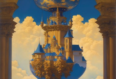 award winning painting of a floating castle in the air, epic composition, detailed, parts made of deep blue crystal,  intricate, Maxfield Parrish Style page