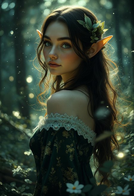 cinematic film still A breathtaking ethereal female wood elf with long, wavy hair cascading like a starlit river at midnight, shimmering with subtle magical light. Her deep green eyes glow softly, like enchanted leaves under moonlight. Her pale, porcelain skin radiates a soft inner light, and her smile carries the warmth of sunlight breaking through an enchanted mist. She stands in a twilight forest where glowing motes of light drift through the air, the trees gently bowed as if listening to her presence. Her aura is serene and powerful, surrounded by a quiet, ancient magic. The scene is painted in soft, luminous tones with ethereal lighting, as if captured in a dream woven by the stars, <lora:Anime Art V3:0.7> <lora:aidmaMJ6.1_v0.5_3:0.6> <lora:Dever_Flux_Enhancer:0.3> . shallow depth of field, vignette, highly detailed, high budget, bokeh, cinemascope, moody, epic, gorgeous, film grain, grainy