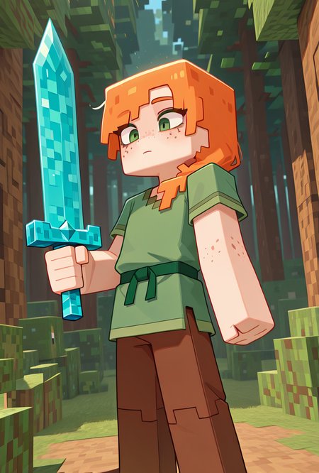 <lora:alexmc-10:1> alexmc, orange hair, 1girl, solo, green eyes, long green shirt, brown pants, short sleeves, freckles, square arms, square body, green waist ribbon,    minecraft forest, holding diamond sword, blue sword,, masterpiece, best quality, amazing quality, very aesthetic, absurdres, newest,