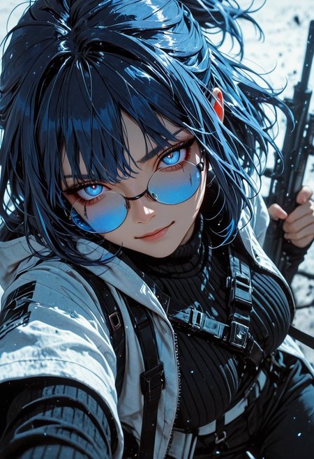 highres, very detailed, amazing quality, masterpiece,
very aesthetic,
particle effects,
1girl, Andreana from Arknights, large breasts, curvy, short hair, streaked hair, blue hair, white hair, short ponytail, blue eyes, round eyewear on eyes, blue-tinted eyewear, white jacket, hooded jacket, hood down, open jacket, layered sleeves, short over long sleeves, black sweater, turtleneck sweater, black pants, white belt, black bag, fanny pack,
Aiming a sniper, holding a sniper rifle, firing rifle, looking at viewer, smirk, intense, confident expression, 
reflections in glasses, particle effect, 
Close up, depth of field, ray_tracing, cowboy shot, extreme foreshortening, very aesthetic, cinematic,
