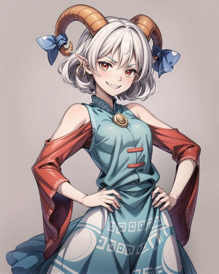 <lora:touhou_toutetsu-14:1.0>, cowboy shot, solo, 1girl, toutetsu yuuma, sharp teeth, smile, looking at viewer, hands on hips, horn ribbon, horn ornament, horizontal pupils, blue dress, red sleeves, detached sleeves, jewelry, earrings<lora:add_detail:1>, masterpiece, best quality, perfect composition, <lyco:GoodHands-beta2:1.0>