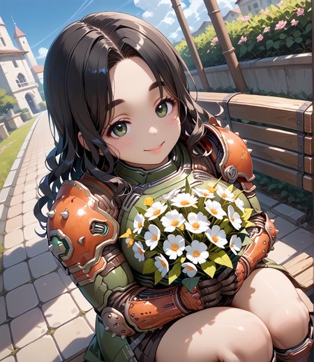 PonyScores7, source_anime, ah1, BREAK 1girl, (curly hair), long hair, (black hair:1.3), mature female, (parted hair:1.7), (round face:1.2), (fringe:-0.5), (bangs:-0.5), (hair between eyes:-0.5),  (thick eyebrows), (curvy), round-chin, (greenish hazel eyes), caucasian, (downturned eyes:1.2), (plump face), <lora:ETO_OCPonyXL:0.5> eto_oc, skindentation, (plump), thick thighs, wide hips, busty, voluptuous, kinky curls, lips, <lora:venus body PonyXL:0.4>,  (Hopefulgently, smile, shy), (Sitting on a park bench, holding a bouquet of flowers, with a smile of joy and gratitude), (in shadowy-alley , at night), looking at viewer,   <lora:edgArmoredPony:0.8> (hemlock dslayer armor, Doom Slayer's drip), BREAK <lora:xl_more_art-full_v1:0.2>, <lora:shinyskin2:0.2> glistening skin, <lora:aesthetic_anime_v1s:0.2>, <lora:Expressive_H:0.2> Expressiveh, <lora:hairdetailpxl:0.2> hairdetailpxl, <lora:EpicF4nta5yXL:0.2>, <lora:detailxl:0.2> detailxl, <lora:Fant5yP0ny:0.2>, best quality, amazing quality, best aesthetic, absurdres, <lora:expressive eyes:0.2> expressive eyes, <lora:eyedetailpxl:0.2> eyedetailpxl, illustration, Volumetric_Lighting, ultra-detailed, very aesthetic, intricate details, 8k, masterpiece, best_quality, BREAK (Dutch Angle view Close shot (focus on knees)), BREAK <lora:Eyes_High_Definition:0.3> EyesHD, Stable_Yogis_PDXL_Positives, AS-Adult, <lora:Complicated fantasy portrait - XL Pony V2.0:0.4>, bad-hands-5,