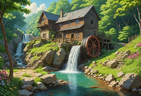 a beautiful hose near the base of a small waterfall, faint rainbow near the water, a water mill nearby, sunny summer day, anime style, inpired ny Hayao Miyazaki, hyper detailed, super intricate, vibrant colors, flat colors