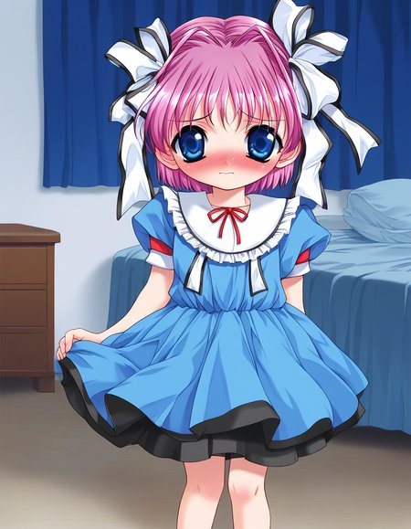 score_9, score_8_up, score_7_up, source_anime, rating_explicit, BREAK  <lora:Kago_Noa_Ver2.0_XL:0.9> KagoNoa, pink hair, purple hair, blue eyes, hair ribbon, white ribbon, short hair,  short stack,
blue dress, long skirt, frill, 
room, flooring, curtain,
full-face blush, embarrassed, motion lines, motion blur,
looking at viewer, 
cowboy_Shot,