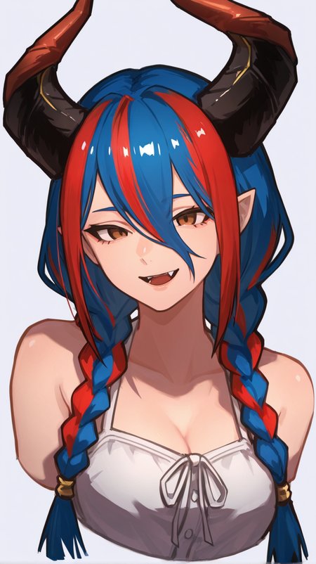 1girl, solo, long_hair, looking_at_viewer, open_mouth, bangs, simple_background, white_background, animal_ears, hair_between_eyes, bare_shoulders, brown_eyes, blue_hair, upper_body, braid, :d, red_hair, multicolored_hair, horns, pointy_ears, fang, twin_braids, cropped_torso, curled_horns