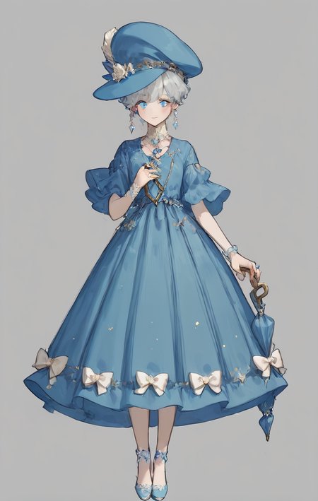 score_9, score_8_up, score_7_up, score_6_up, score_5_up, score_4_up,
 <lora:OverDesignedGirls:.7>
 blue dress and hat, holding an umbrella and a diamond ring