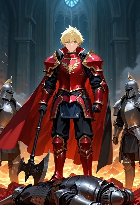 hush_middy, green eyes, light blond hair, 1boy, solo focus, he is dressed in a suit of red iron platemail, Break, he is holding up a black coloured axe, white-lined in axe, Properly holding the axe, his armour bears a crest of a yellow eagle, fantasy armour, stylized silver eagle emblems and symbols on armour and sheild, Break, epic background is a a beautiful palace, a strong wind is blowing his cape, heavy plate armour, red-whited coloured armour, detailed draw, detailed eyes, high quality, best quality, high definition