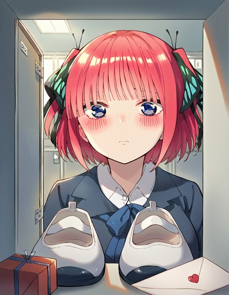 score_9, score_8_up, score_7_up, source_anime, <lora:nnakano-s2-ponyxl-lora-nochekaiser:1>, short hair, bangs, blue eyes, hair ornament, hair ribbon, pink hair, blunt bangs, two side up, butterfly hair ornament, large breasts,, <lora:shoe-locker-pov-ponyxl-lora-nochekaiser:1> shoe locker pov, locker, letter, school, gift box, unworn shoes, blush,, ,