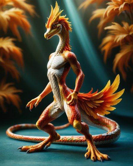 score_9, score_8_up, score_7_up, intricate details, rating_safe,
<lora:SnakeSkinStyle:0.7>,
1boy(solo, 
anthro furry, phoenix with Jed-snkskn, snakeskin, 
full body, looking at the viewer, solo, happy), detailed background, depth of field, subsurface scattering, 
<lora:ral-chrosc-clr:0.5>, ral-chrosc-clr,
<lora:xl_more_art-full_v1:0.3>,
<lora:add-detail-xl:0.3>