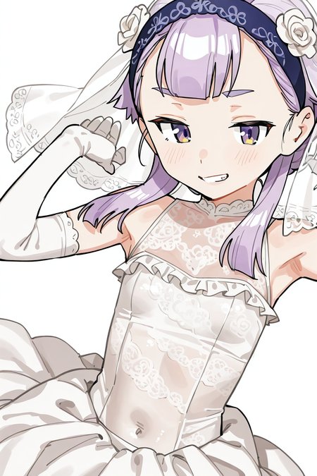 shiny skin, posing,
<lora:namaana.il:1>,
namaana,
inaho,
(alternative costume, wedding dress,  frill, lace, see-through:1.5),
dynamic angle, dynamic pose, seductive smile, suggestive pose,