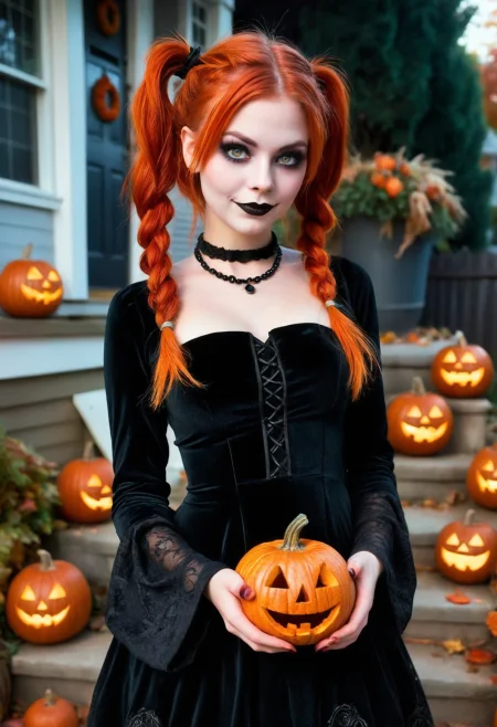 Charming autumn scene featuring a young Caucasian woman with fiery red pigtails. She stands in a quaint backyard, surrounded by a collection of intricately carved jack-o'-lanterns flickering gently in the twilight. Her goth-inspired makeup, highlighted by bold black eyeliner and rich burgundy lipstick, beautifully contrasts with her porcelain skin and bright green eyes. Dressed in a flowing black velvet dress layered over a fitted long-sleeve top, she radiates a whimsical yet enchanting aura. As colorful autumn leaves dance around her, she beams with joy while cradling an adorably tiny jack-o'-lantern, glowing softly in her palm, perfectly embodying the playful spirit of Halloween.  Highly detailed, film grain.   <lora:xl_EuroBabeXL-v4>