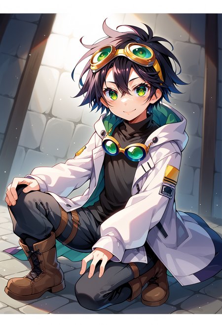 score_9, score_7_up, source_anime, BREAK <lora:kamiya_yuu-Style-PonyXL-GLoRA:0.75> solo,, smile, 1boy, green eyes, short hair, black hair, bangs, hair between eyes, messy hair, (goggles on head:1.2), headband, white coat, hooded coat, hood down, open coat, black turtleneck, capri pants, layered pants, black knee boots,