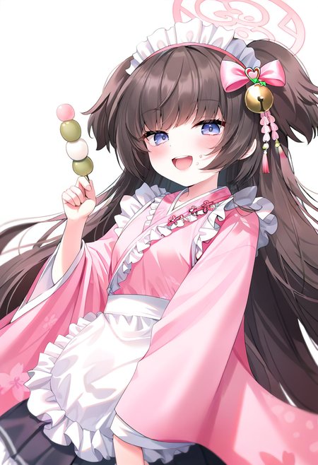 1girl,shizuko \(blue archive\),blue archive,bell,black hair,blue eyes,blunt bangs,blurry,bow,dango,depth of field,food,food on face,hair bell,hair bow,hair ornament,halo,hand up,holding,holding food,japanese clothes,kimono,long hair,long sleeves,looking at viewer,maid headdress,open mouth,pink bow,pink halo,pink kimono,sanshoku dango,simple background,solo,teeth,two side up,upper teeth only,wagashi,white background,wide sleeves,blush,:d,maid,very long hair,apron,brown hair,wa maid,sidelocks,frill,smile,frilled apron,jingle bell,eyelasheppo,upper body,tassel,white apron,floating hair <lora:caoXL_NBVP1_lokr_V6311PZ:0.95>