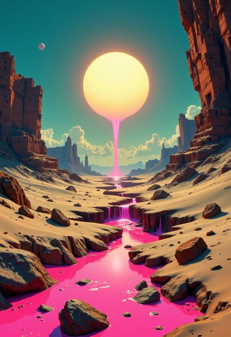 artilands02, an endless desert where the dunes are not sand but shifting piles of fragmented mirrors, reflecting scenes from completely different realities. Some images show screaming faces, others reveal a serene ocean that doesn't exist here. A massive crack splits the sky itself, leaking streams of bright neon pink liquid that drips onto the land below, petrifying everything it touches. The sun is too large, taking up half the sky, pulsing erratically, shifting colors like a dying signal on an old TV screen.