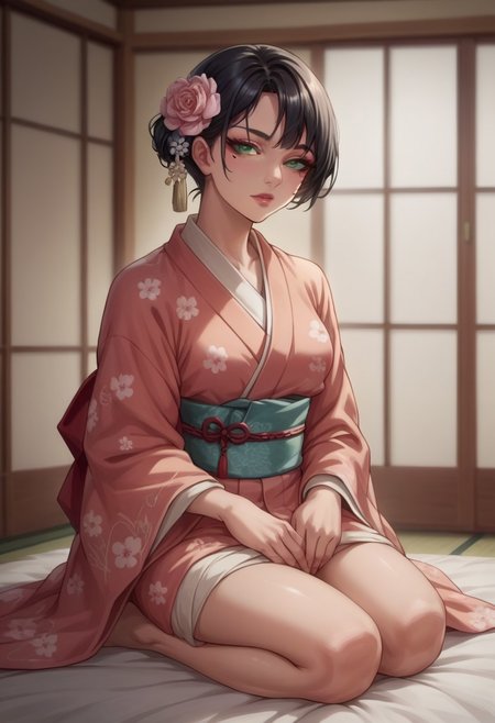 score_9, score_8_up, score_7_up, source_anime, 1girl, solo, yurikosmtiv, black hair, short hair, lipstick, mole under eye, makeup, green eyes, indoors, kimono, hair flower, floral print, wariza, kneeling, <lora:zs_YurikoIVXL>