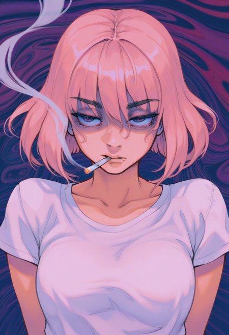 r3110style,   masterpiece, best quality, solo,                                                                                                                          1girl, smoking a cigarette, psychedelic,