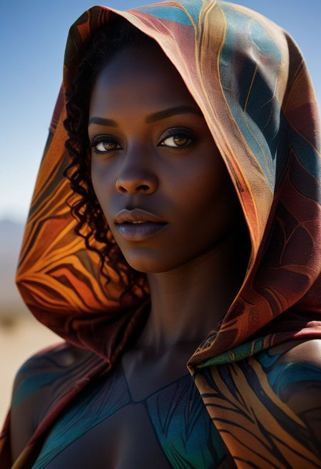Very close-up mysterious silhouette of a coloured exotic woman with cape, african safari desert, goddess, alluring, by Minjae Lee, Carne Griffiths, Emily Kell, Steve McCurry, Geoffroy Thoorens, Aaron Horkey, Jordan Grimmer, Greg Rutkowski, amazing depth, double exposure, surreal, geometric patterns, intricately detailed, bokeh,  perfect balanced, deep fine borders, artistic photorealism , smooth,  great masterwork by head of prompt engineering   <lora:add-detail-xl:2>  <lora:Double_Exposure:0.5>
Close-up