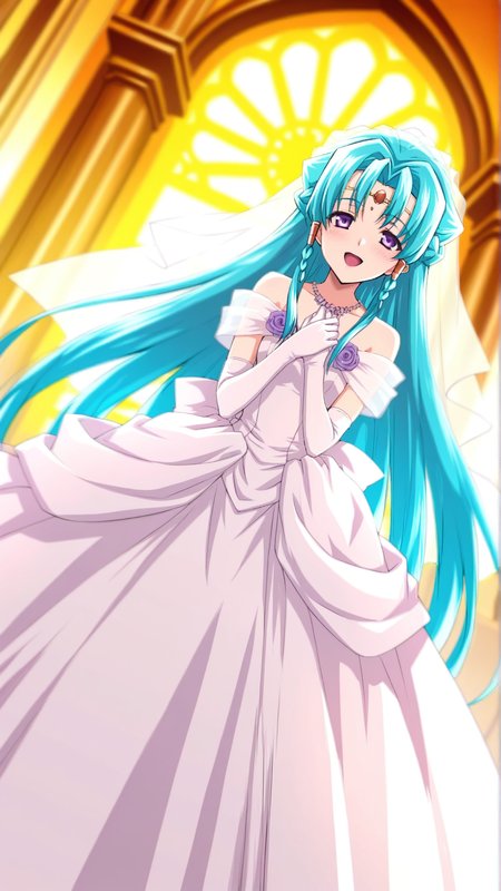 source_anime, general, best quality, masterpiece, 1girl,  <lora:shana_mia_ill_v1.0:1.0> shana_mia\(srw\),purple eyes,long hair,braid, very long hair,aqua hair, hair tubes, wedding dress,chapel, happy, (embarrassed:0.8),  dynamic pose, dutch angle,