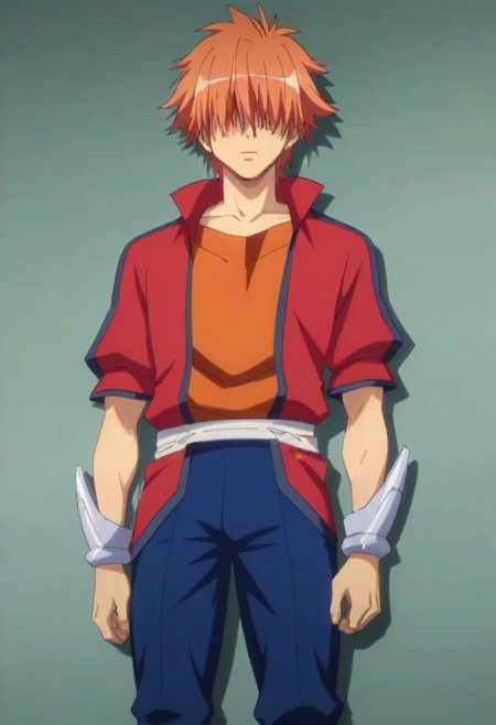 ((masterpiece)), ((best quality)), ((ultra-detailed)), score_9_up, score_8_up, score_7_up, HD, top quality, best quality, High-quality illustrations, anime screencap, perfect anatomy, 1boy, 1male, male anime character, anime boy, solo male, male focus, Ryuuto Henge, orange hair, long bangs, hidden eyes, long red jacket, orange shirt, silver arm gauntlets, blue pants, silver boots, lean body, slender body, slim body, tall, tall body, tall height