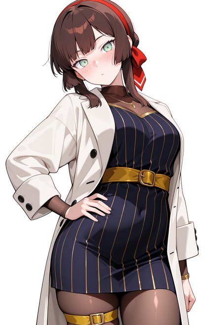 white background, simple background, mogaval, red hairband, red ribbon, hair ribbon, necklace, dark blue dress, pinstripe pattern, yellow belt, white coat, open coat, bodystocking, thigh strap, <lora:_mogador_kc-elesico-ilxlA:1> hand on own hip, head tilt, standing, blush, looking at viewer, highres, best quality, masterpiece,
1girl, solo, kcmogador, brown hair, sidelocks, green eyes, freckles,