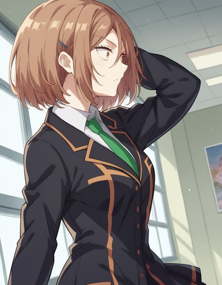 score_9, score_8_up, score_7_up, source_anime, <lora:yayoi-toba-s1-ponyxl-lora-nochekaiser_r1:1>, yayoi toba, short hair, brown hair, hair ornament, brown eyes, hairclip, medium breasts,, skirt, shirt, long sleeves, school uniform, jacket, white shirt, pleated skirt, necktie, black jacket, cardigan, green necktie, museum, art exhibit, paintings, observing, quiet contemplation, cultural experience, , , from side, solo,, cowboy shot, dutch angle,