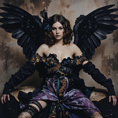 <lora:40s_Vintage_Nudity:0.8> Colour artwork. Decadent Movement, portrait view, Scottish, water theme, white-toned photo of an abyssal goth clothed winged wrinkled princess sitting in a dark decrepit hot spring, intricate black and purple and gold fractal gown, eldritch, distorted, billowing bright dust, very detailed, . a00-a19
