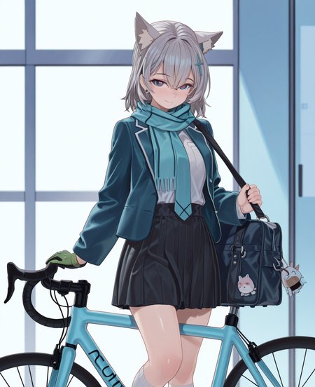 <lora:naruto05:1> naruto05,
(masterpiece), (best quality), (ultra-detailed), amazing quality, very aesthetic, illustration, perfect composition, intricate details, absurdres, incredibly absurdres, shiny skin, realistic,
 naruto05, 1girl, wolf ears, solo, animal ears, bicycle, scarf, skirt, green gloves, blue scarf, blue eyes, school uniform, grey hair, gloves, jacket, cross hair ornament, hair ornament, looking at viewer, animal ear fluff, extra ears, white shirt, shirt, long sleeves, pleated skirt, halo, socks, bag, black skirt, open clothes, necktie, closed mouth, open jacket, single glove, medium hair, blue jacket, smile, hair between eyes, mismatched pupils, feet out of frame, shirt tucked in, earrings, school bag, blush, general