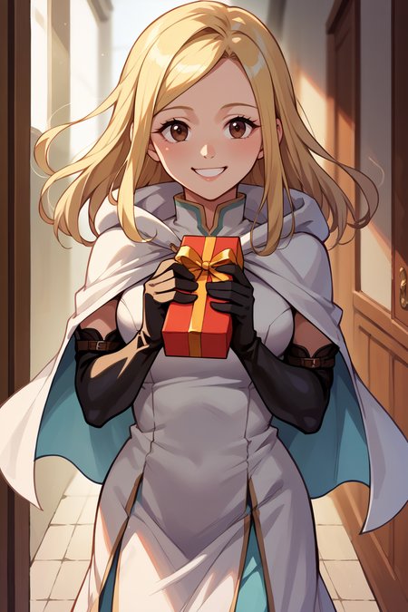 score_9, score_8_up, score_7_up, score_6_up, source_anime BREAK 1girl, solo <lora:ophilia-pdxl-nvwls-v1-000005:1> ophilia, blonde hair, long hair, brown eyes, white cape, white dress, long dress, black elbow gloves, boots, holding gift box, looking at you, happy, smile, hallway