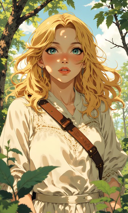 The light is soft and diffused, as though filtered through a canopy of leaves or the gentle haze of a summer afternoon. At the center of this serene setting stands a young woman, her presence both ethereal and grounded. Her hair is a cascade of golden blonde strands, loose and flowing around her shoulders like liquid sunlight. The fine texture of each strand is visible, catching the light in a way that makes them shimmer with an almost otherworldly glow.
Her eyes are striking, a vivid shade of blue that seems to hold the very essence of the sky within them. They are wide and expressive, filled with a quiet intensity that suggests she is deeply attuned to her surroundings. Her gaze is direct, meeting the viewerâs with a calm confidence that belies any sense of vulnerability. Freckles dust her cheeks and nose, adding a touch of warmth and natural beauty to her features. Her skin is smooth yet alive, hinting at hours spent under open skies.
She wears a delicate garment, likely handmade, with intricate details that speak of craftsmanship and tradition. The fabric is a pale, creamy white, adorned with subtle embroidery and small, sparkling embellishments that catch the light. A brown leather strap crosses her chest, bearing faint inscriptions or symbols that suggest a connection to something ancient or meaningful. The overall effect is one of simplicity and elegance, as though she has stepped out of a storybook where magic and reality blur together.
In the background, hints of nature peek throughâa blurred glimpse of branches or vines, perhaps part of a garden or forest. The colors are muted, allowing the woman to stand out as the focal point of the scene. There is a sense of tranquility here, as if time has slowed, leaving only the gentle rustle of leaves and the soft hum of life in the air.
Her expression is serene, almost contemplative, as though she is lost in thought or simply basking in the moment. The overall atmosphere is one of timeless beauty, where every detailâthe texture of her hair, the sparkle of her eyes, the intricate patterns on her clothingâcontributes to a portrait of someone who exists in perfect harmony with the world around her.
j_art, anime, anime art, <lora:FLUX\jul\J_Anime:0.7>, <lora:FLUX\RealAnime:0.7>