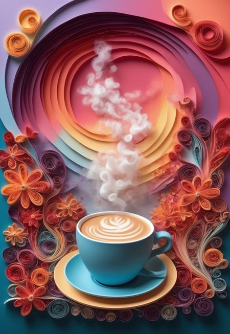 Paper quilling, layered paper. (A coffee cup steaming, with swirling patterns creating the steam). (Background: a café table, vibrant paper flowers decorating the scene).
4k, high quality, masterpiece, 
