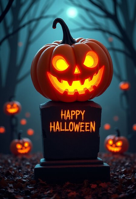 A beautiful, cinematic illustration Jack o'lantern shining bright, atop a tombstone, Background of a cemetery, horror art, Halloween decorations and themes, And a text "happy Halloween"
