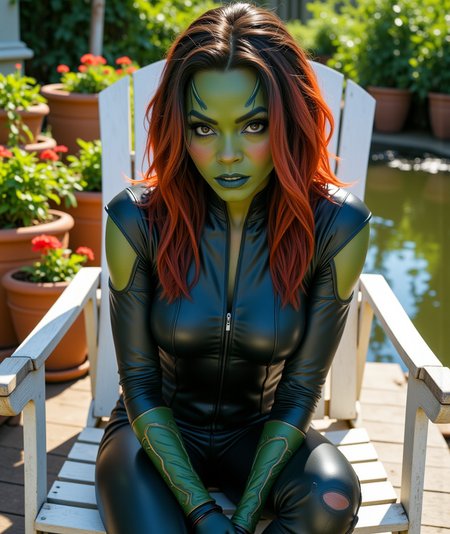 Digital cinema, 4K resolution, Ultra HD, Sorensen Code 2 compression, modeling poses,Hyperrealistic, She is approximately 18 years old, she is smiling, dynamic angles, multiple angles,She is looking at the camera, photoshoot poses; A photo of Gamora, a superheroine from the Marvel Comics universe, is shown. She is wearing a green and black costume.  she is posing for the camera. , a woman with huge breasts, she is sitting in a white deck chair, on a dock lined with beautiful flower pots, a beautiful pond is in the background. The scene is set in a cozy and inviting atmosphere, with the woman being the main focus of the image.  she has the perfect milf body, thin waist, wide hips, golden triangle, she is posing for the camera with a smile on her face. Style: realistic hyper-detailed rendering, 32k UHD, expressive eyes, punk, graphic design, girl's face, pretty and cute, gleaming lips, telling a tale of adventure. Exuding confidence and serenity. The overall mood of the image is happy and relaxed,detailed skin texture,(blush:0.2),(goosebumps:0.3),subsurface scattering,with a playful and whimsical tone, aidmafluxpro1.1, Detailed hand, perfect hands, Niji style, retro50s_style, looking at the camera, looking at the camera, looking at the camera