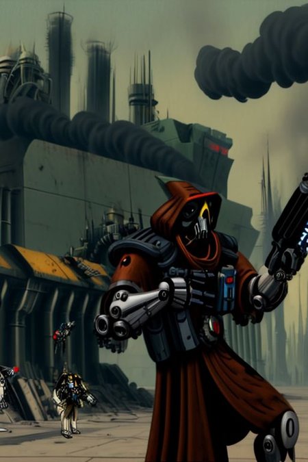 ((masterpiece,best quality)), absurdres, BREAK
mechanical arms, robes, hood, BREAK
((techpriest)), cyborg, mechanical face, mechanical limbs, gas mask, mechanical tentacles, (mechanical backpack), BREAK
1other, solo, holding pistol, firearm, handgun, pistol, gun, BREAK
factory background, smoggy sky, air pollution, smokestacks, BREAK
(blender)