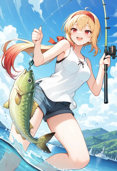 1girl, solo, masterpiece, best quality, newest, absurdres, CG, anime, source anime, illustration, very aesthetic, high resolution, ultra-detailed, scenery, rule of thirds, masterpiece-level, clean lines, serene atmosphere,
BREAK
dutch angle, cinematic angle, safe, sfw, intricate scenery,
day, blue sky, clouds,
<lora:kaelaIL:0.45> kaelaIL, long hair, medium breasts, low ponytail, red eyes, (blonde hair:1.5), tsurime, red hair ribbon, headband, happy smile, open mouth,
denim shorts, white shirt, sleeveless, untucked shirt,
<lora:fishing_Illust_v1:0.8> fishing, ocean