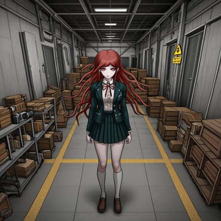 masterpiece, best quality, absurdres, <lora:Danganronpa_Locations:1>,  danganronpa sprite style, danganronpa_sprite_style , <lora:Ryoko_Otonashi:0.2>, danganronpa/zero, danganronpa_(series), otonashi_ryouko, 1girl, breasts, red_eyes,red_hair, grey_jacket grey_skirt, dress_shirt, white_shirt, jacket, kneehighs, loafers, long_hair, long_sleeves, neck_ribbon, open_clothes, open_jacket, pleated_skirt, red_ribbon, ribbon,school_uniform, shirt, shoes, skirt, socks, solo,white_socks , indoor_scene,warehouse,storage_room,refrigerators,wooden_crates,checkered_floor,tripod,camera_equipment,warning_sign,yellow_warning_sign,concrete_floor,concrete_walls,industrial_setting,narrow_corridor,cluttered,boxes,stacked_crates,shadowy_lighting,caution_tape,long_corridor,perspective_view,danganronpa,danganronpa_(series),danganronpa_2:_goodbye_despair,danganronpa 2,danganronpa sprite style,danganronpa_sprite_style