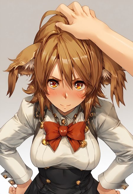 score_9, score_8_up, score_7_up, score_6_up, score_5_up, score_4_up, BREAK,  <lora:cmarket0826-sdxl-000028:1>, noa riads, 1girl, solo, breasts, blush, smile, short hair, simple background, brown hair, long sleeves, fluffy tail, ahoge, animal ears, dog ears, medium breasts,  swept bangs
shiny skin, school uniform, red bowtie, white shirt, black skirt, hands on hips, frown, blush, looking at viewer,
upper body, Eye focus
Artist Style: Urushihara Satoshi
headpat, pov hands, <lora:Headpat_XLPD:1>,