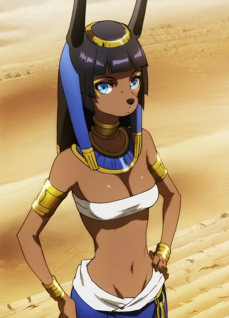 <lora:ANBS-02Pony1.0:1> anbs-02, headdress, 1girl, dark-skinned female, solo, egyptian, black hair, egyptian clothes, jackal ears, jewelry, long hair, furry female, blue eyes, bangs, breasts, blunt bangs, bracelet, armlet, navel,desert,  score_9, score_8_up, score_7_up, score_6_up, score_5_up, score_4_up, looking at viewer, hand on own hip, cowboy shot,