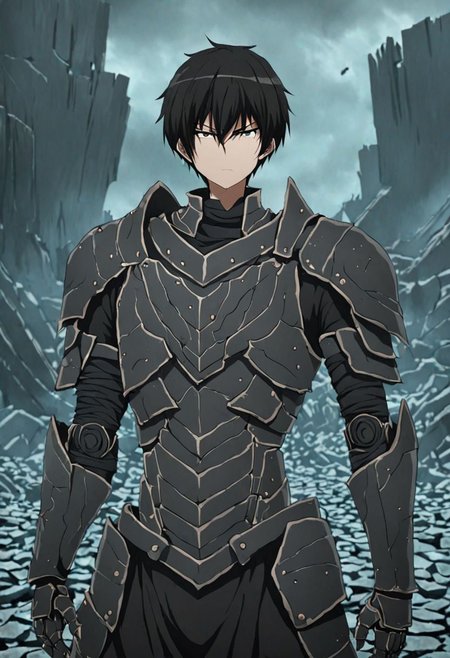 high resolution, solo, best quality, 1Boy, Kanie Seiya, Black Hair, dystopia, serious looking, armor, fantasy, OverallDetail