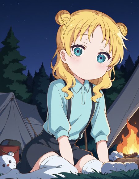 score_9, score_8_up, score_7_up, source_anime, <lora:dragon-chloe-s2-ponyxl-lora-nochekaiser:1>, chloe, blue eyes, blonde hair, hair bun, double bun, child, female child,, skirt, shirt, thighhighs, collared shirt, suspenders, blue shirt,, camping, bonfire, tent, stargazing, marshmallows, forest clearing, night, , looking at viewer, hands behind back, bent over,, solo,, dutch angle,