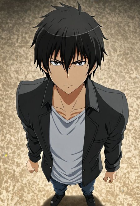 high resolution, solo, best quality, 1Boy, Kanie Seiya, Black Hair, standing, straight facing upwards, casual, seen from above, arrogant face, dominant, intimidate, OverallDetail