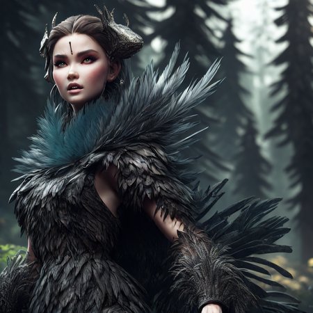 fking_scifi_v2, award winning portrait of a werecreature,
wearing (feathered LnF dress:1.2),  
pine forest background , <lora:LnF21:1>