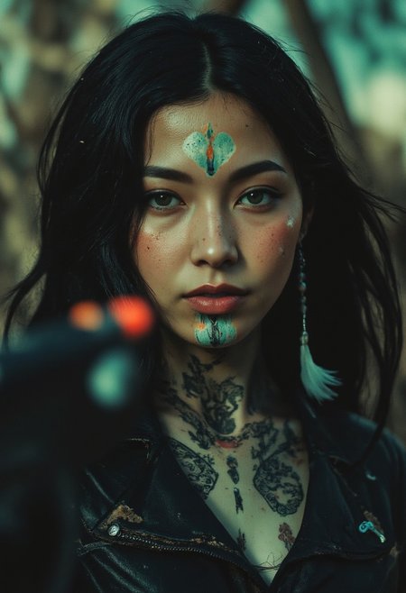 A high-resolution cinematic close-up of a fierce Native American Sioux bounty hunter in a tattered leather jacket, her wild hair flowing as she narrowly dodges a bullet in slow motion. Feathers woven into her dark, windswept hair trail behind her. Tiny particles and dust fill the air, catching the dramatic lighting. Her piercing blue-green eyes burn with intensity, framed by a scattering of freckles and bold white lipstick. A luminous turquoise-and-orange tattoo, marked with arrow symbols and crosses, covers her upper lip, chin, and throat, glowing faintly against her skin. The raw texture of her worn leather jacket contrasts with the smooth precision of her movements, capturing the desperate beauty of the moment in hyperreal detail.