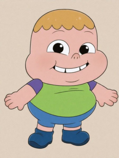 ILXLpos,chibi,Clarence, 1boy, male focus, plump, fat, chubby, obese, earless, no ears, two teeth, nostrils, young, short, blonde hair,green shirt, purple sleeves, blue shorts, blue shoes,smile,looking at viewer,<lora:Clarence Wendle:0.8>,<lora:Old MapleStory Style:1.0>