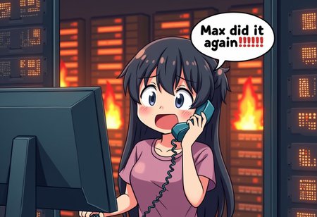 a cute anime illustration with a panicking woman inside a server room, she is answering the phone, a monologue bubble with the text "Max did it again!!!". Behind her, the server room is filled with burning computers and flames