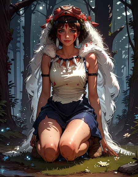 score_9, score_8_up, score_7_up,  san, 1girl, (full body:1.2), solo, short hair, brown hair, gray eyes, headband, face paint, earrings, white sleeveless top, navy under dress, arm cuffs, fur headdress, fur cape, light-skinned female, female focus, looking at viewer, smiling, forest, (blush:1.1)  <lora:pony/twilight_style:0.8> concept art, realistic, <lora:pony/expressiveh:0.8> expressiveh, <lora:pony/kenva:0.8> knva, <lora:pony/san_pony_v4> <lora:sdxl/sinfully_stylish_sdxl>